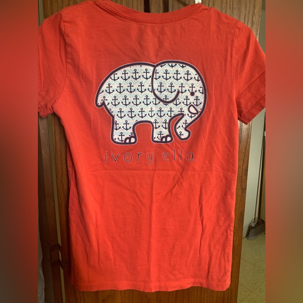 0. Women’s Ivory Ella Orange T-Shirt with pocket Size Small, Elephant Graphic